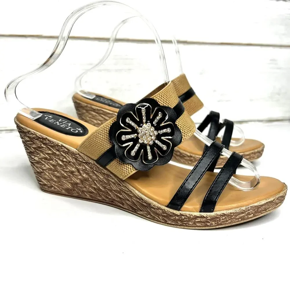 Via Veneto Slip On Wedge Sandals Tan Black Flower Size 10
